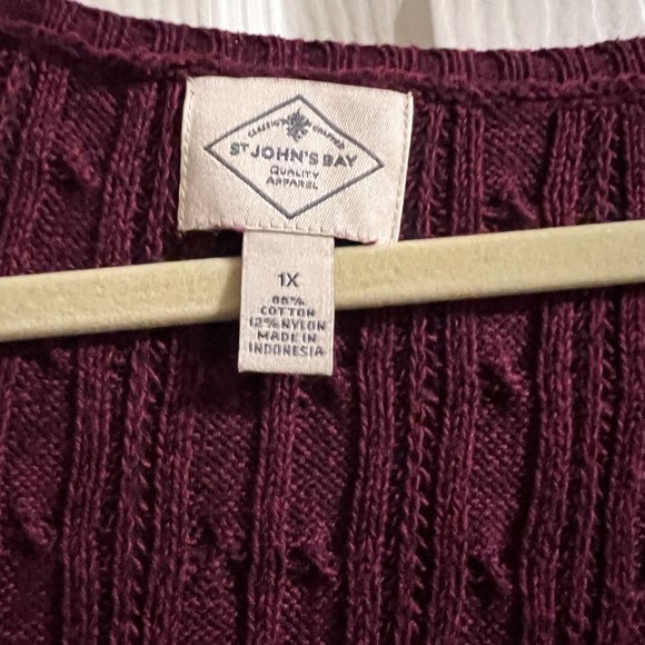 St. John's Bay V Neck Long Sleeve Cable Knit Pullover Sweater -1X Deep Ruby - Picture 3 of 5